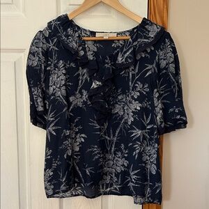 LOFT Navy Floral Ruffle Front Blouse NOT WORN